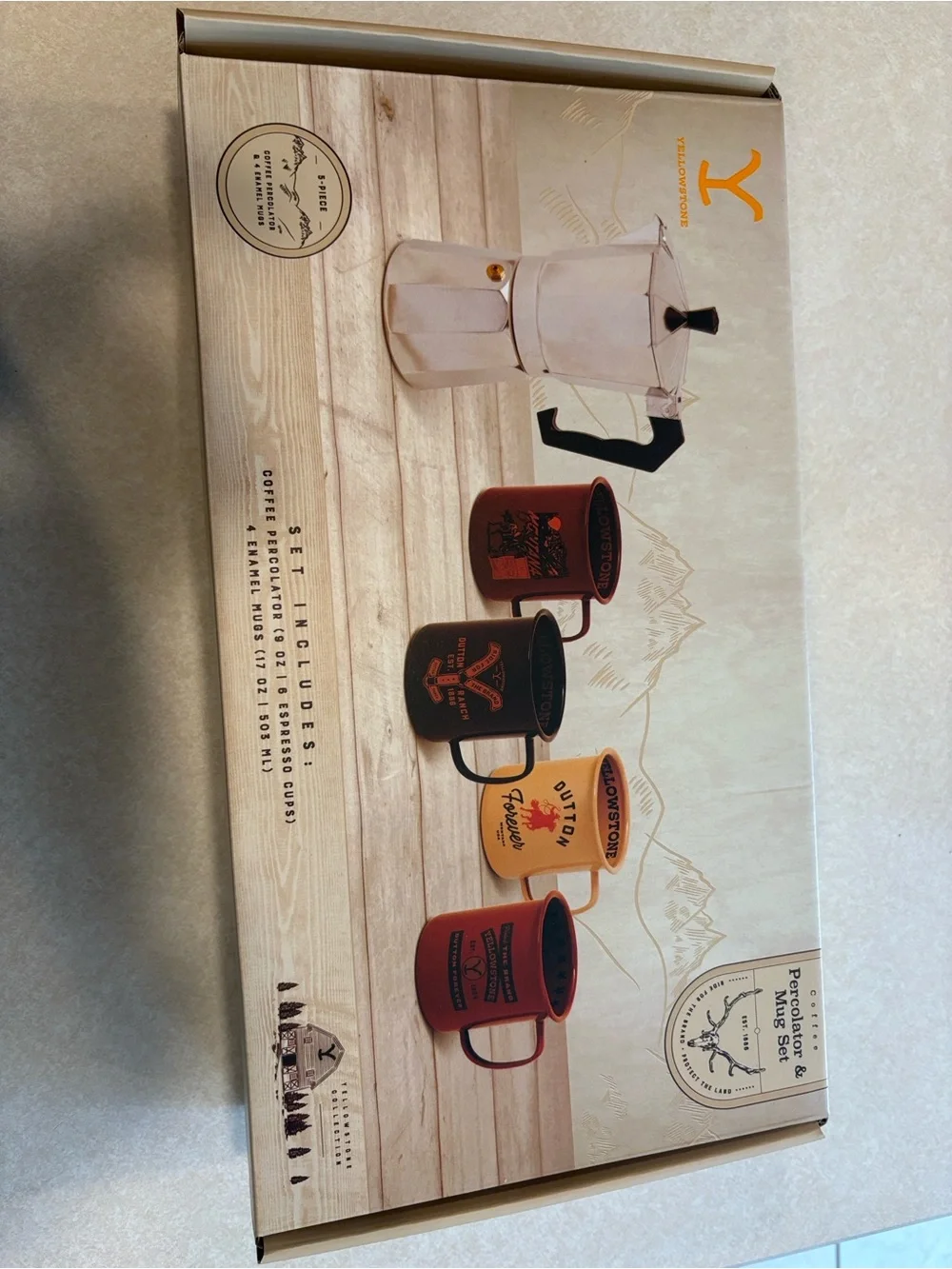 Yellowstone Percolator & Mug Set - Multi Color Camp Mugs with Silver Percolator
